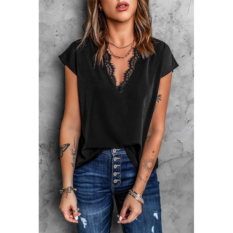 Black V Neck Lace Trim T-shirt Black V Neck Lace Trim T-shirt