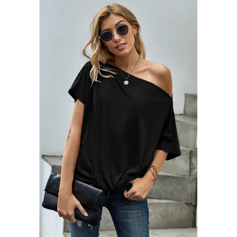 Black Off-The-Shoulder Slash Neck Casual Loose Fitting Top Black Off-The-Shoulder Slash Neck Casual Loose Fitting Top