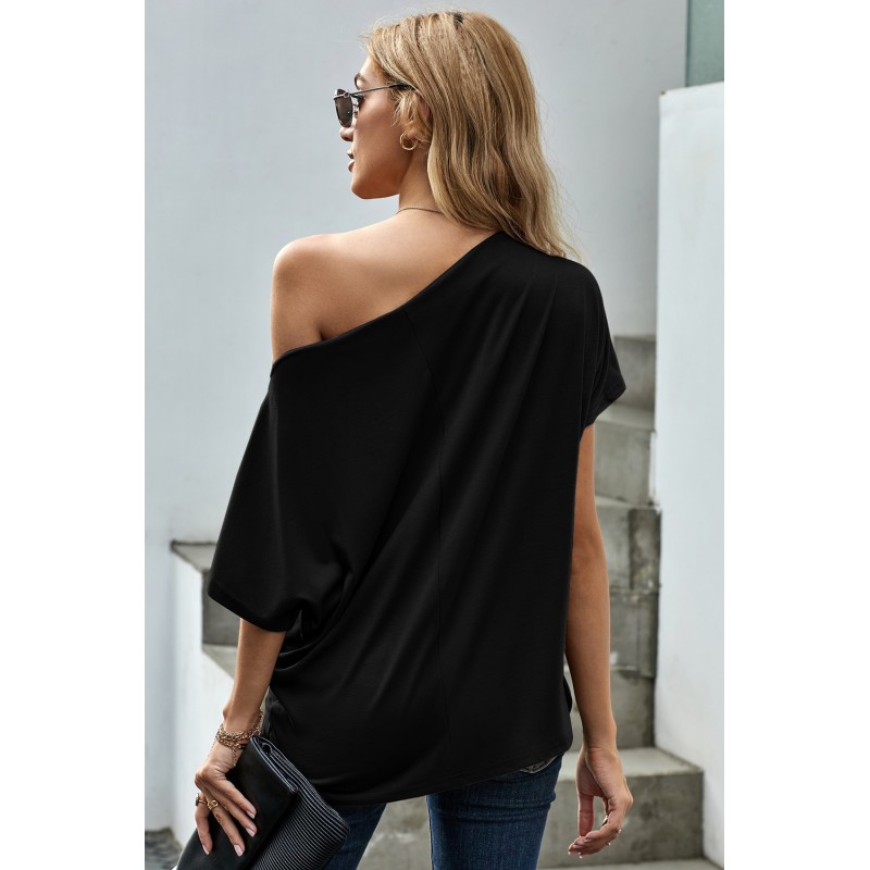 Black Off-The-Shoulder Slash Neck Casual Loose Fitting Top Black Off-The-Shoulder Slash Neck Casual Loose Fitting Top