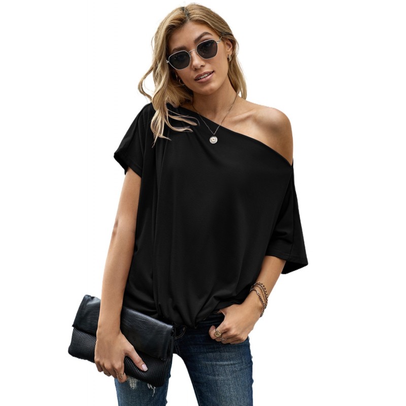 Black Off-The-Shoulder Slash Neck Casual Loose Fitting Top Black Off-The-Shoulder Slash Neck Casual Loose Fitting Top
