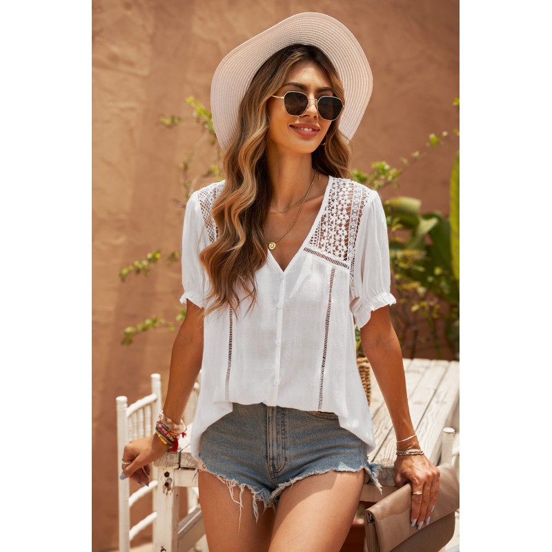 White V Neck Lace Crochet Short Sleeve Shirt White V Neck Lace Crochet Short Sleeve Shirt