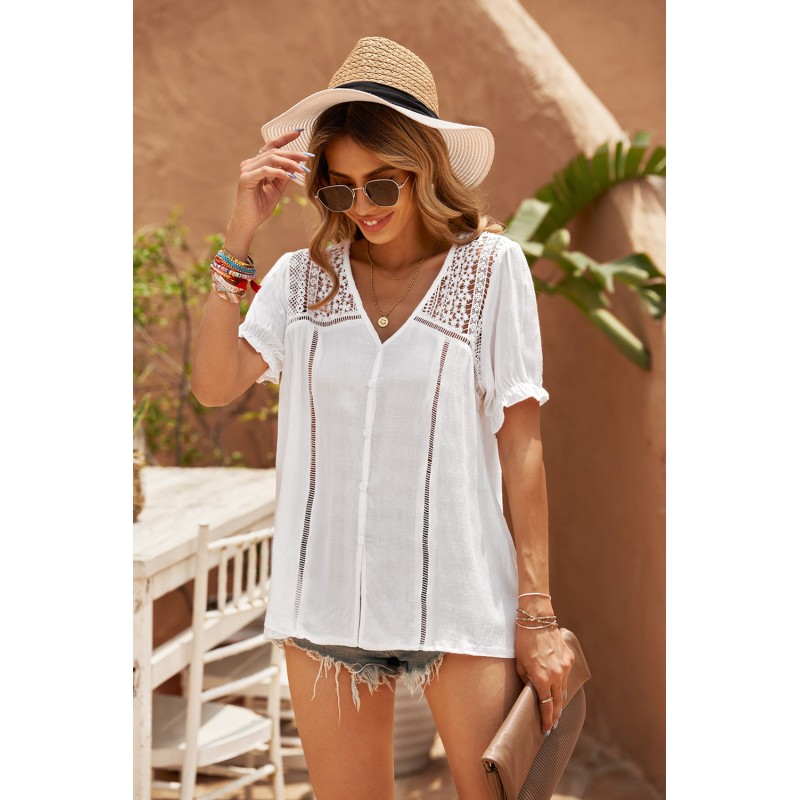White V Neck Lace Crochet Short Sleeve Shirt White V Neck Lace Crochet Short Sleeve Shirt