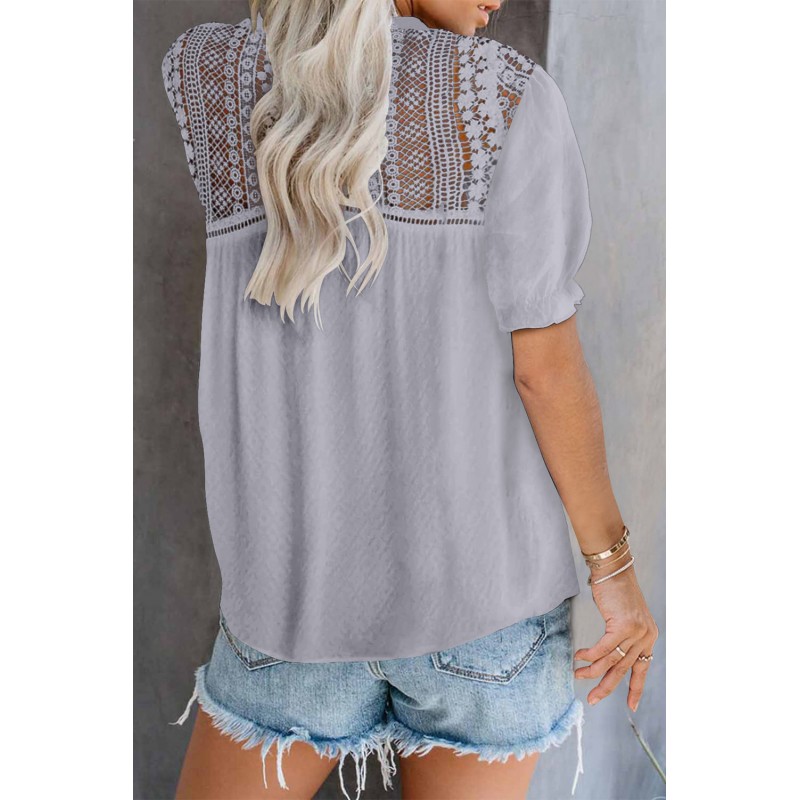 Gray V Neck Lace Crochet Short Sleeve Shirt Gray V Neck Lace Crochet Short Sleeve Shirt