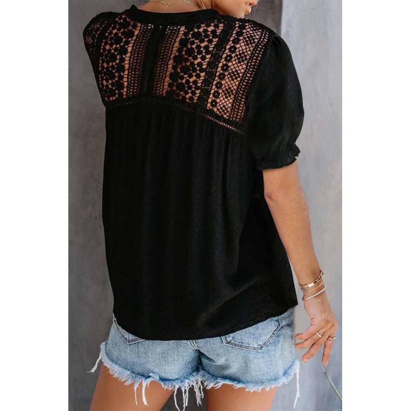 Black V Neck Lace Crochet Short Sleeve Shirt Black V Neck Lace Crochet Short Sleeve Shirt