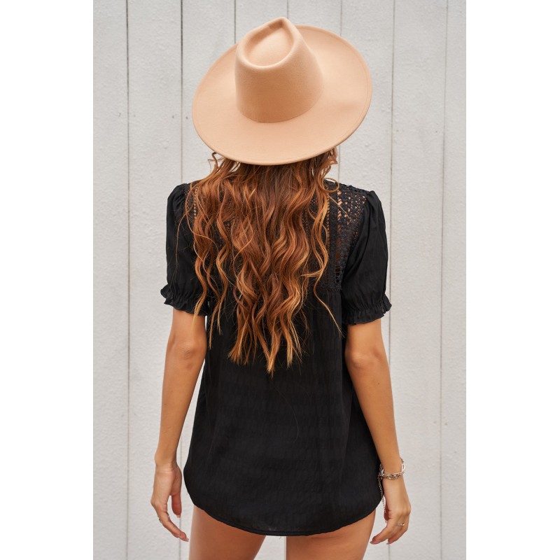 Black V Neck Lace Crochet Short Sleeve Shirt Black V Neck Lace Crochet Short Sleeve Shirt