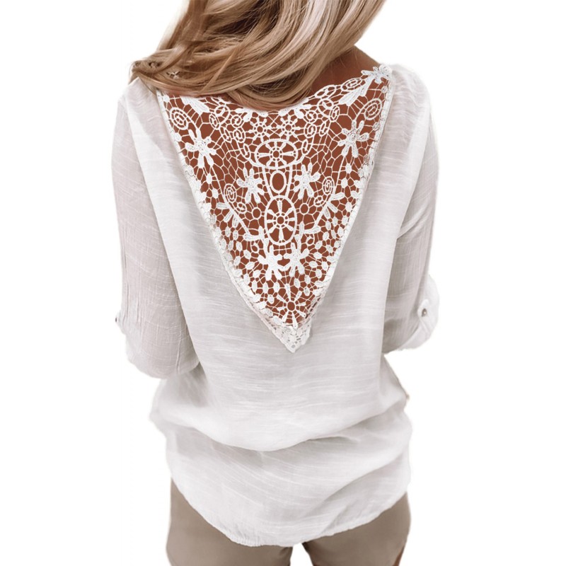 White Lace Back Button V Neck Top White Lace Back Button V Neck Top