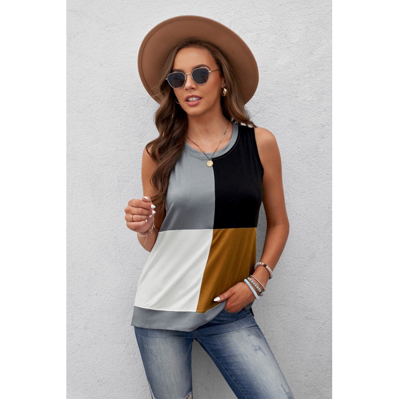 Brown Crew Neck Color Block Tank